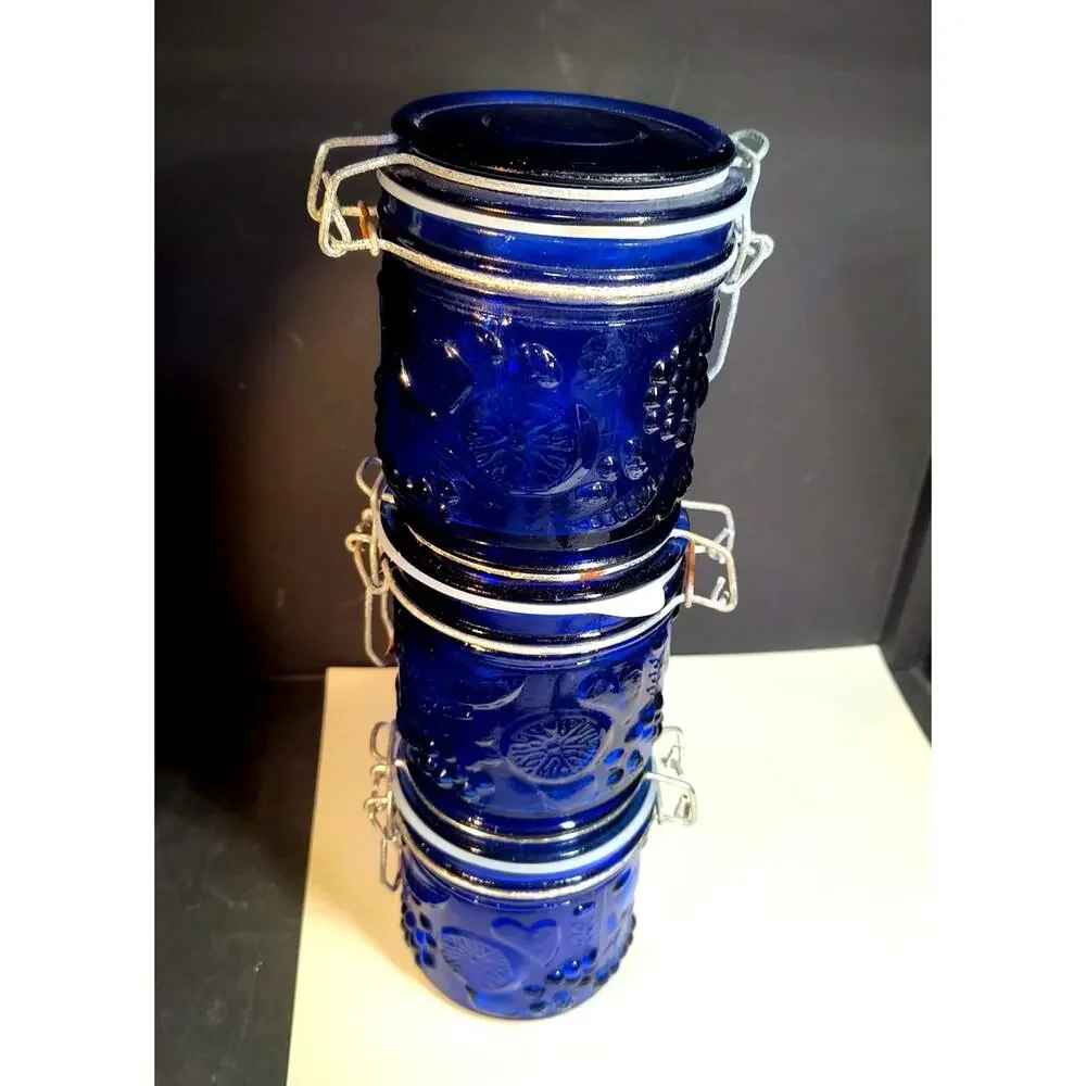 1056.  Cobalt Blue Cannister New Seal Wire Bale Hinged Lid